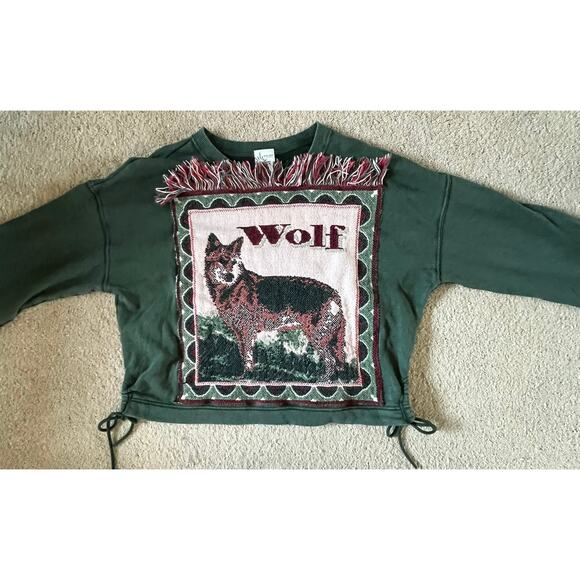 None Tops - Wolf tapestry sweatshirt, fringe, upcycled, cropped crewneck, Aerie Oversize SM